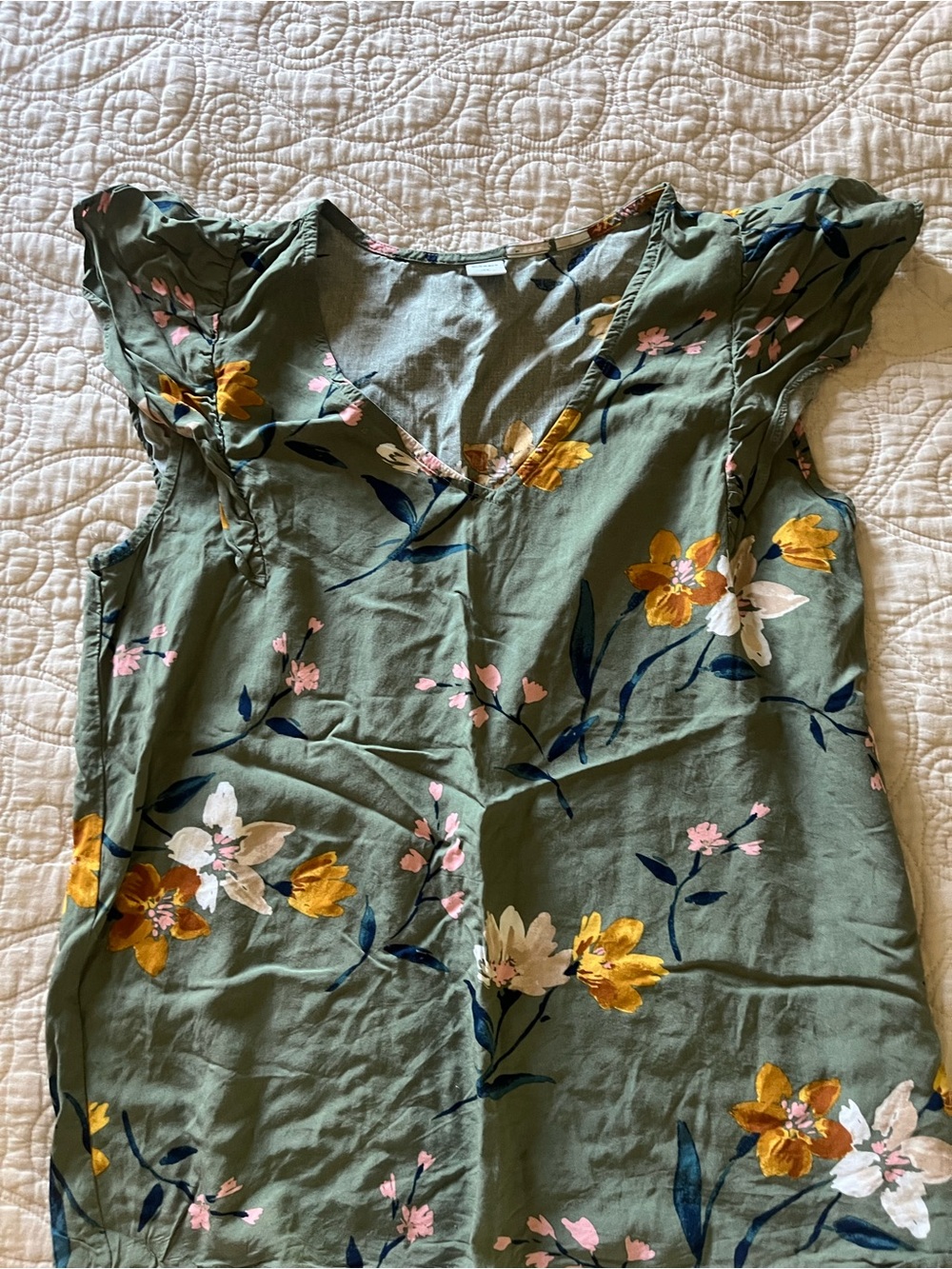 Old Navy Olive Green Floral V-Neck Ruffle Sleeve Top